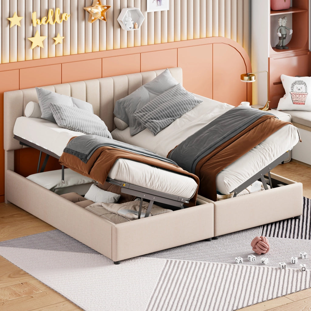 OKWISH Letto Contenitore 180×200 cm, Letto Matrimoniale con Contenitore Idraulico, Testiera Regolabile e Convertibile, senza Materasso, Beige