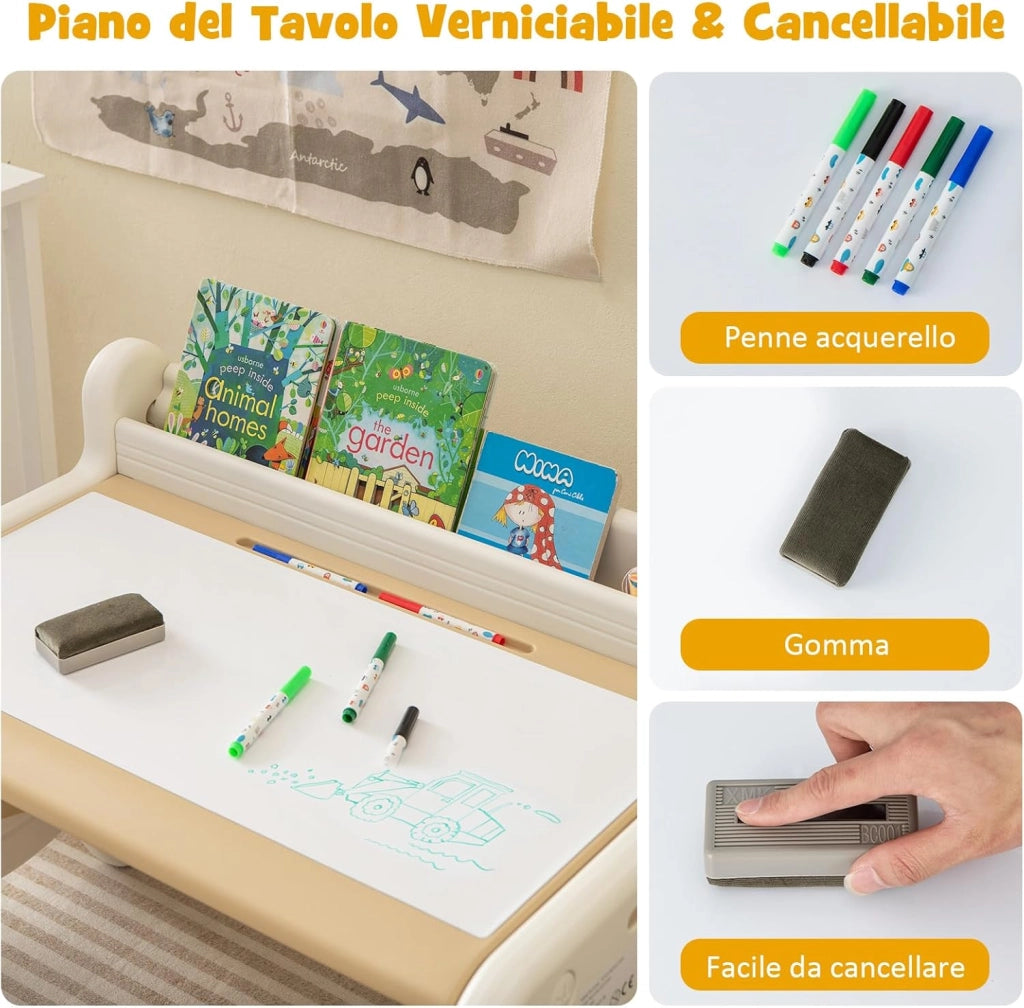 Set Tavolo e sedia per Bambini, Tavolo per Bambini con Sedia, Tavolo da Disegno Cancellabile e Ripiano, per Disegnare, Leggere, Giocare, Ideale per Bambini 3-8 Anni (Brown)