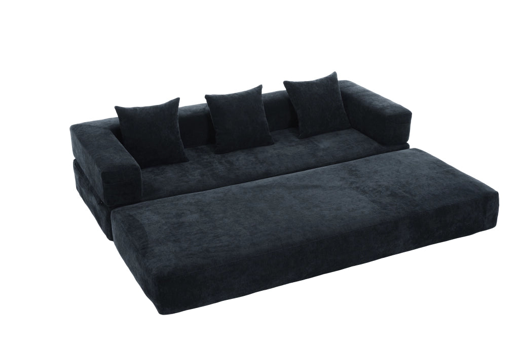 Divano modulare in ciniglia nero con tasche laterali e base antiscivolo 198x79x60 cm