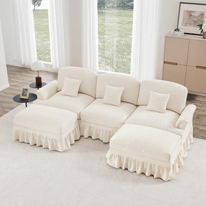 Divano modulare a U - Xylo - Chenille, stile classico, con pouf, bianco