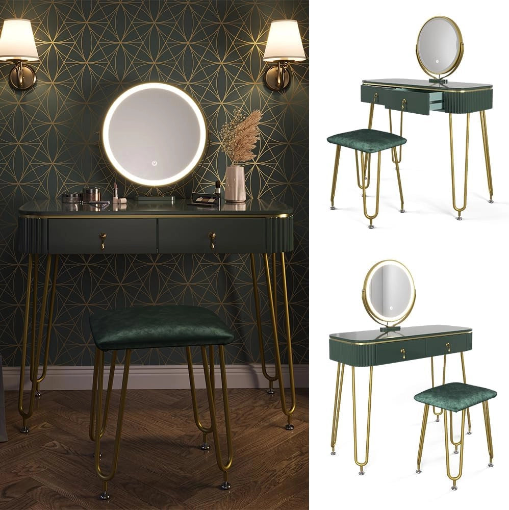 Vicco Tavolo da toeletta Grace, Verde scuro lucido, 100 cm con illuminazione LED e sgabello, con illuminazione LED e sgabello come seduta