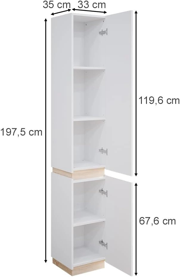 Armadio per il bagno Gloria, Bianco, 33 x 197.5 cm con 2 porte, con apertura per sifone e compatibile con la serie Gloria