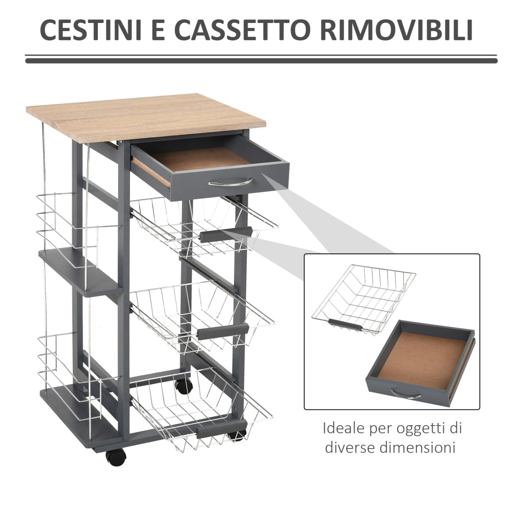 Carrello da Cucina con Cassetti e Portabottiglie ¨C zephmum ¨C Legno di Pino e Metallo 47x37x83