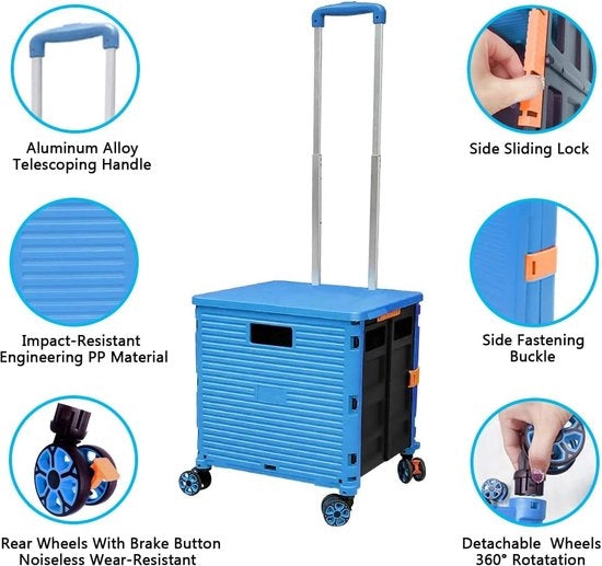 Carrello da magazzino pieghevole con copri ruote e ruote - Silenzioso, ruote girevoli 360°, manubrio in alluminio regolabile, valigetta ripiegabile con capacità di carico di 45kg, trasportabile