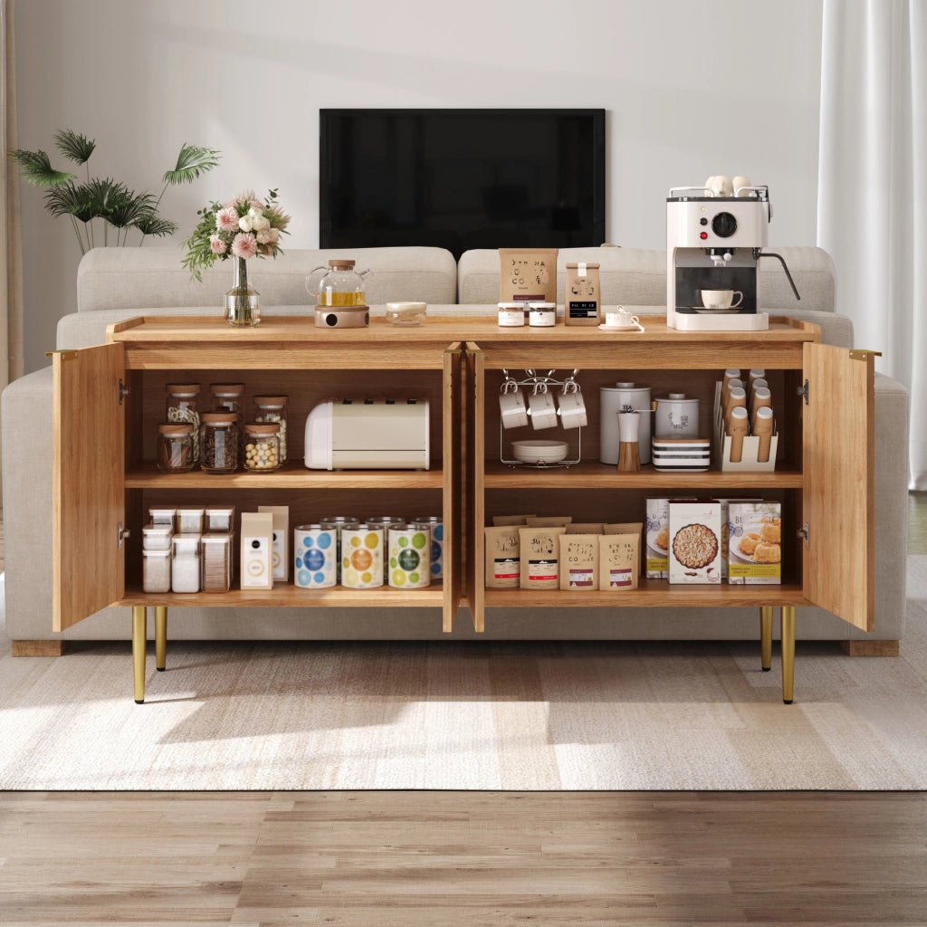 Credenza con 4 Ante e Ripiani Regolabili; Gambe in Metallo Dorato; Stile Moderno; in MDF; Naturale; 140??38??75 cm