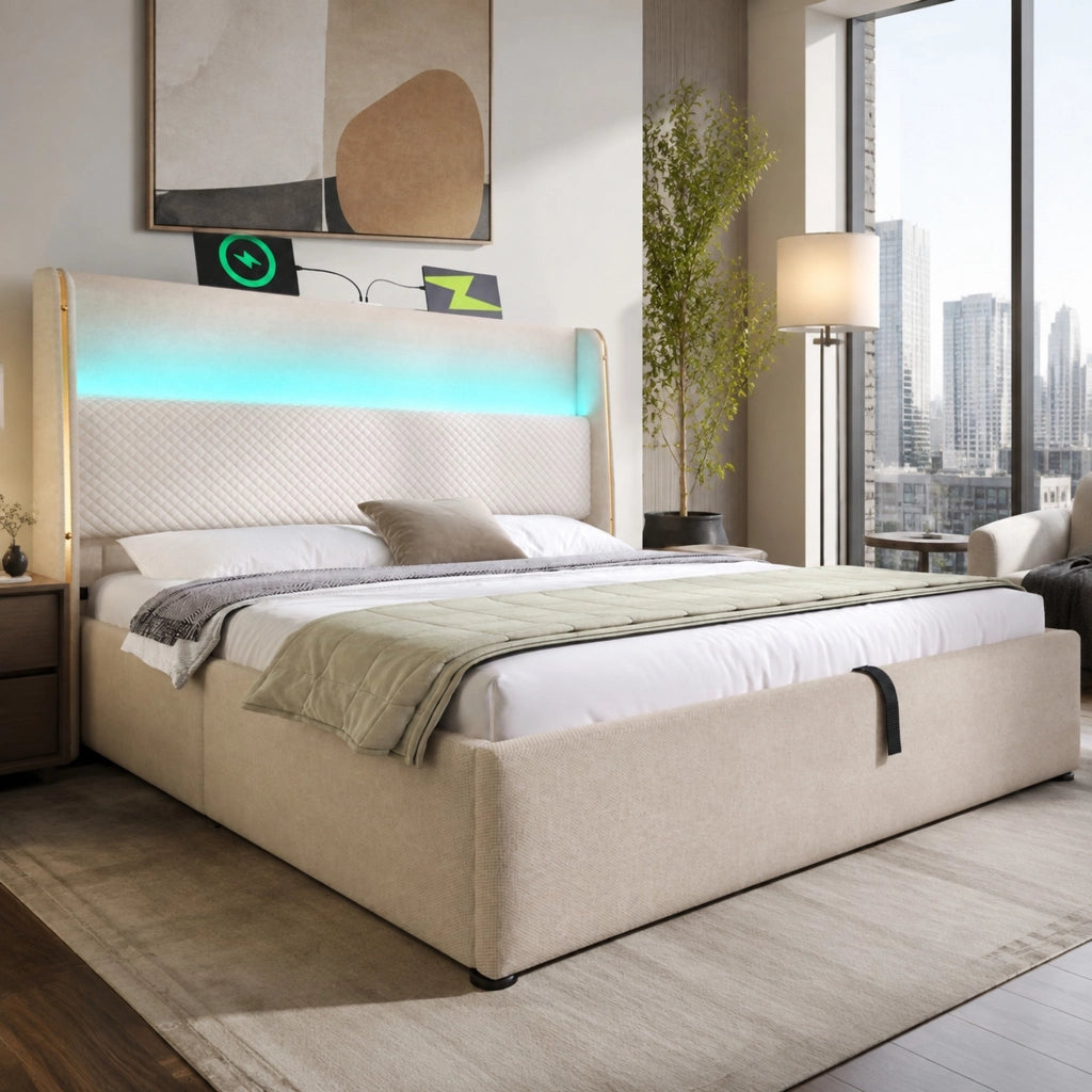 LETTO Contenitore idraulico 160x200 cm con LED e USB/Type-C in lino beige