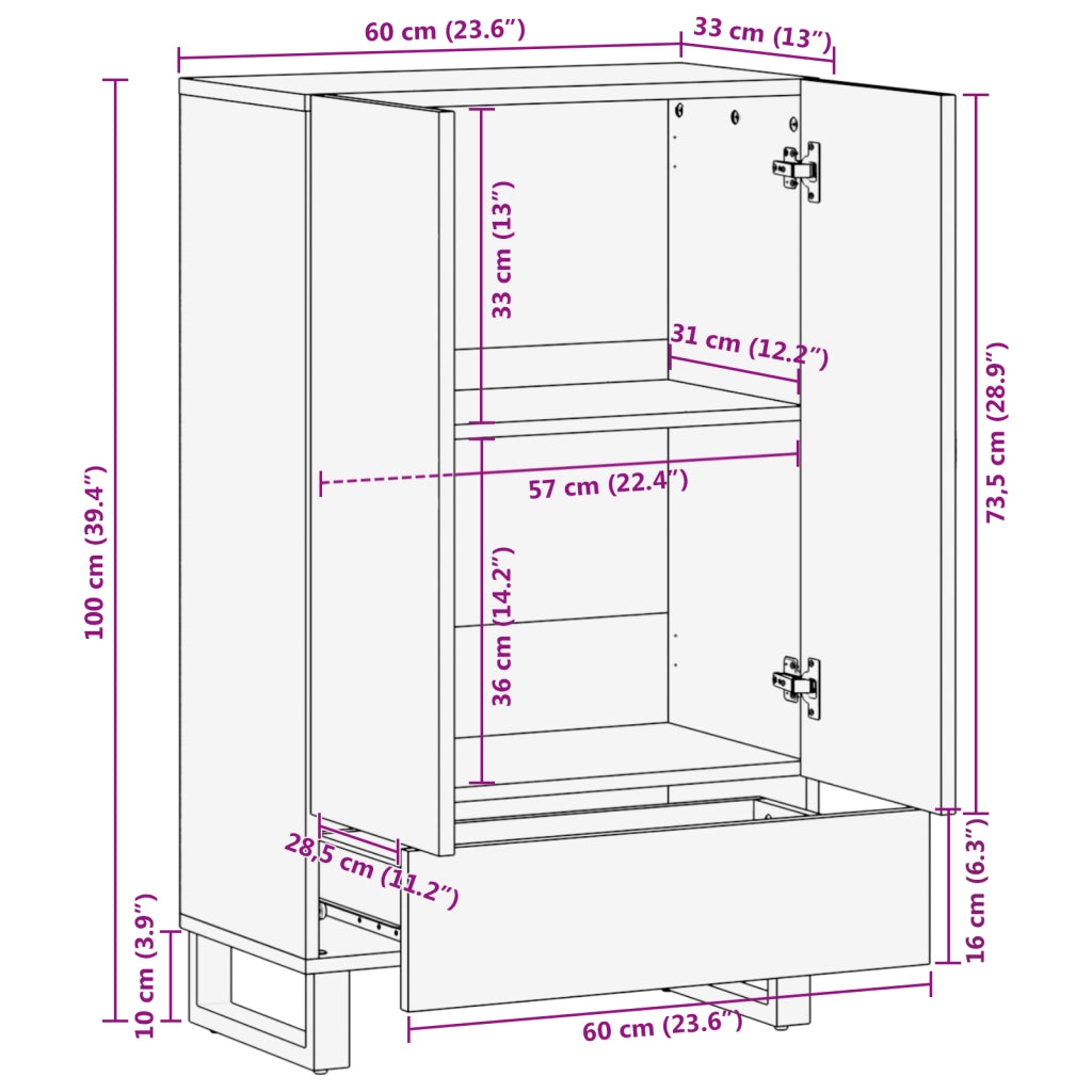 Highboard 60x33.5x100 cm Legno massello di mango