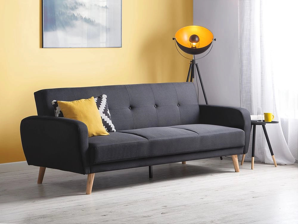Divano Letto Rivestito In Tessuto Nero 3 Posti Trasformabile Gambe In Legno Soggiorno Moderno E Minimalista