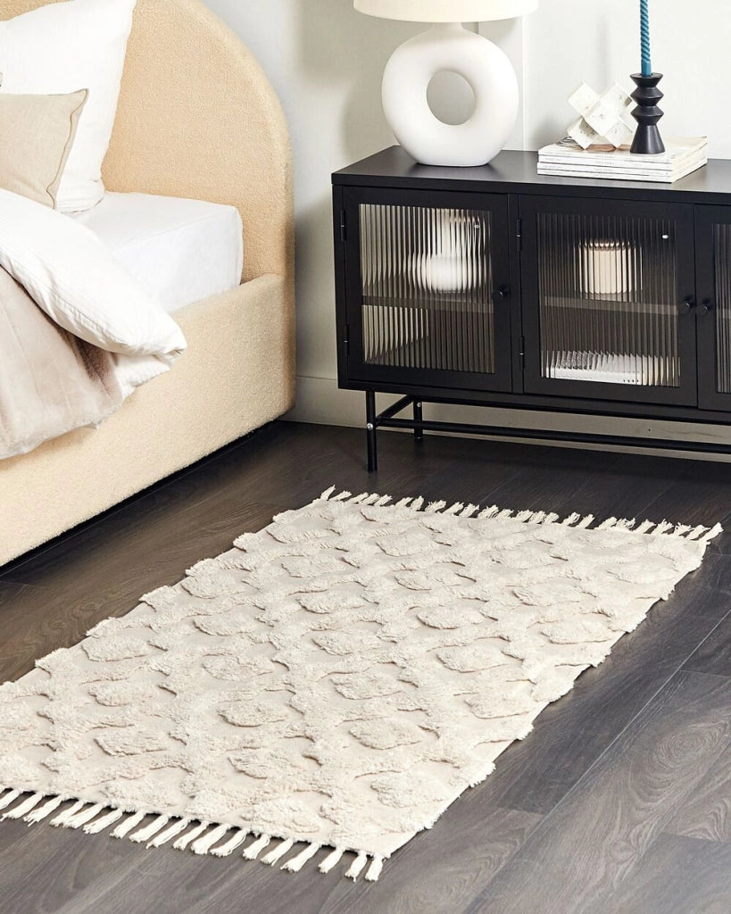 Tappeto in cotone beige 80 x 150 cm motivo geometrico trapuntato minimalista soggiorno camera da letto