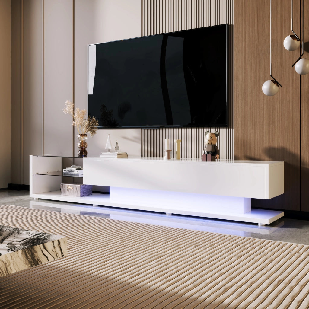 Mobile TV con 2 Cassetti; 2 Ripiani in Vetro e LED Regolabile; Bianco Lucido; 170??36??38 cm; in Truciolare