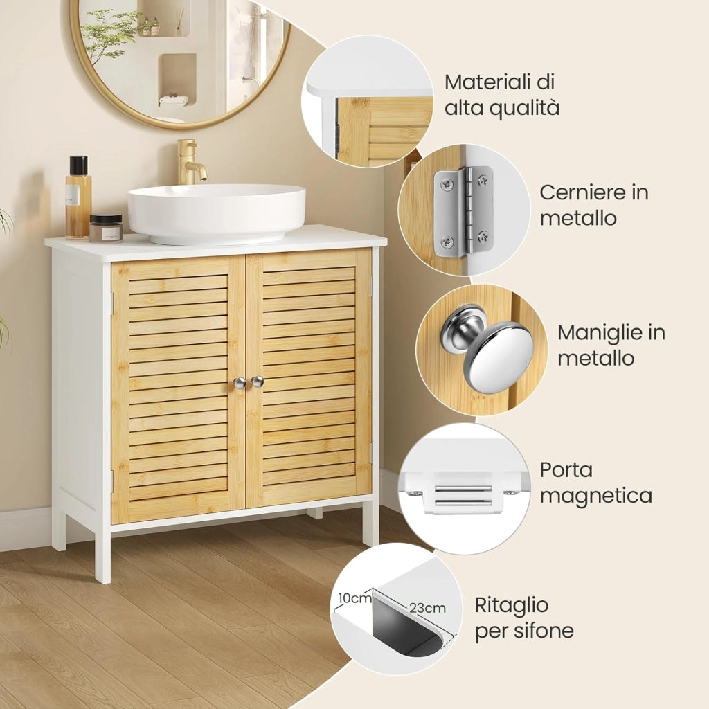 Mobile Sottolavello per Bagno, Mobiletto per Lavabo, Armadio a Pavimento con Ante e Ripiano Regolabile, Colore Bambù Naturale+Bianco, 60x30x60cm