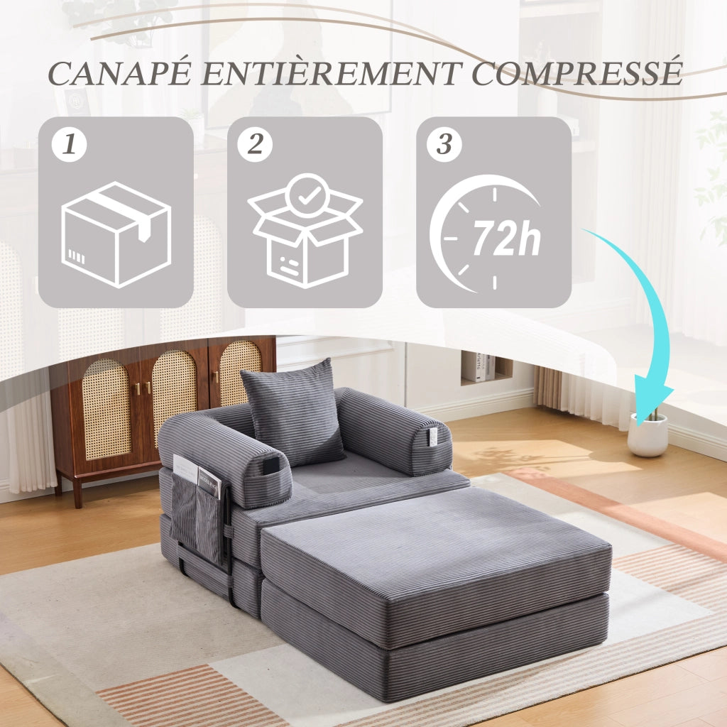 Poltrona con pouf compressa ergonomica con tasca e cuscino in velluto a coste grigio scuro 112 × 190 × 67 cm
