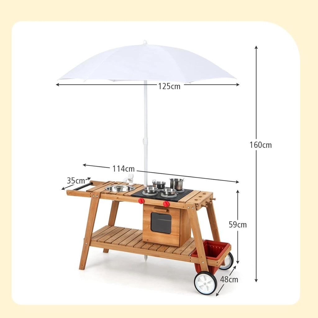 Cucina Giocattolo per Bambini, Cucina da Esterno in Legno con Ombrellone Antisolare e Ruote, Carretto con Stufa, Forno a Legna Simulato, Lavello e Utensili da Cucina, 3 Anni+ (Bianco)