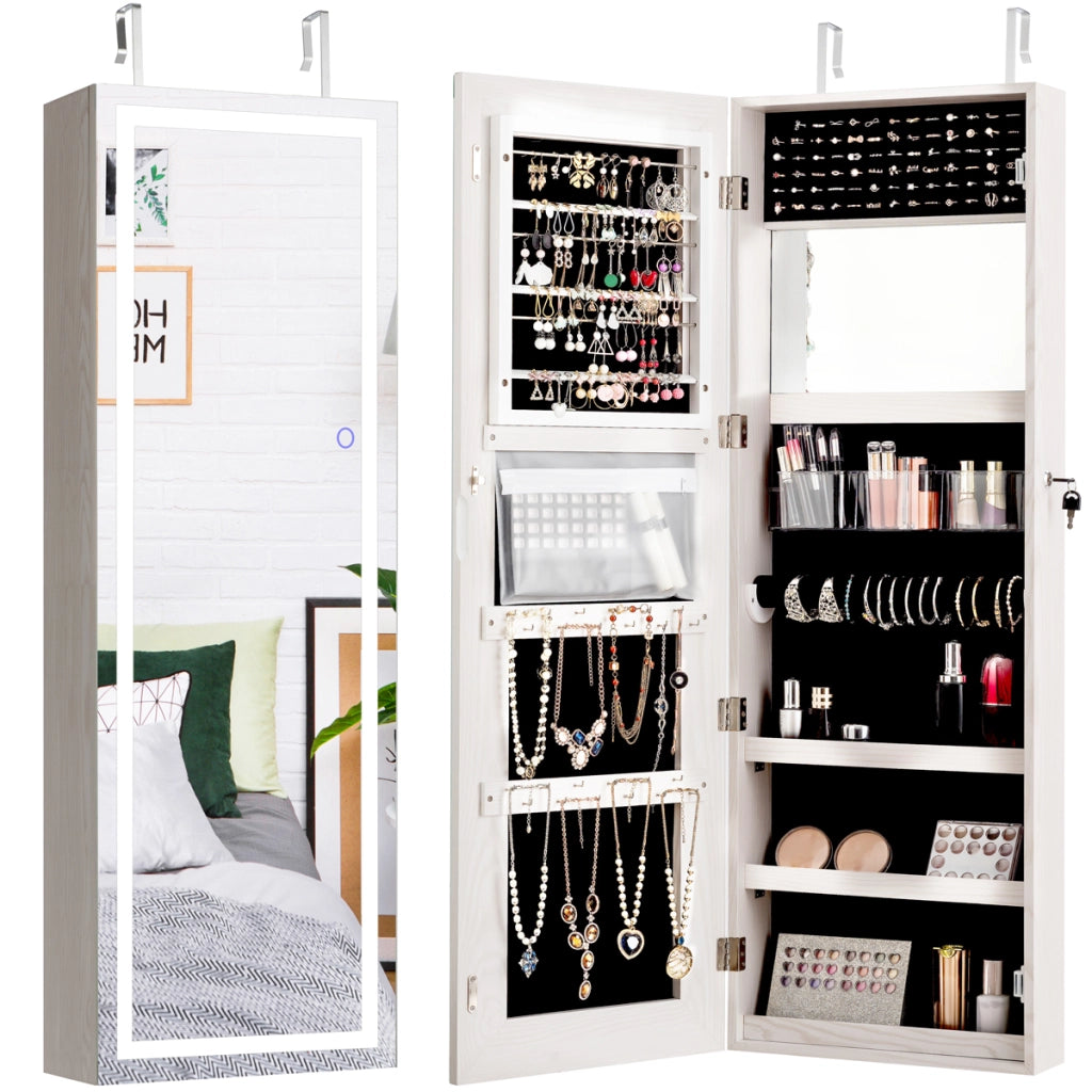 Armadietto per gioielli con strisce di luci LED al muro o alla porta, Armadio portagioielli con specchio Bianco-Armadietti per gioielli
