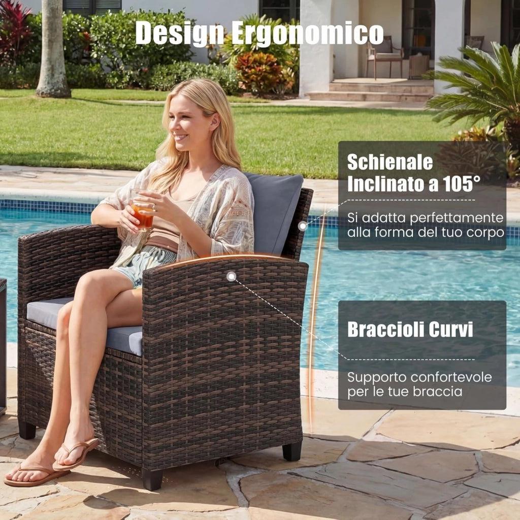 Set Mobili da Giardino 3 Pezzi, Salotto da Esterno in Rattan PE con 2 Poltrone e 1 Tavolino in Vetro Temperato, Set da Conversazione con Cuscini Sfoderabili per Patio (Grigio, Modello 5)