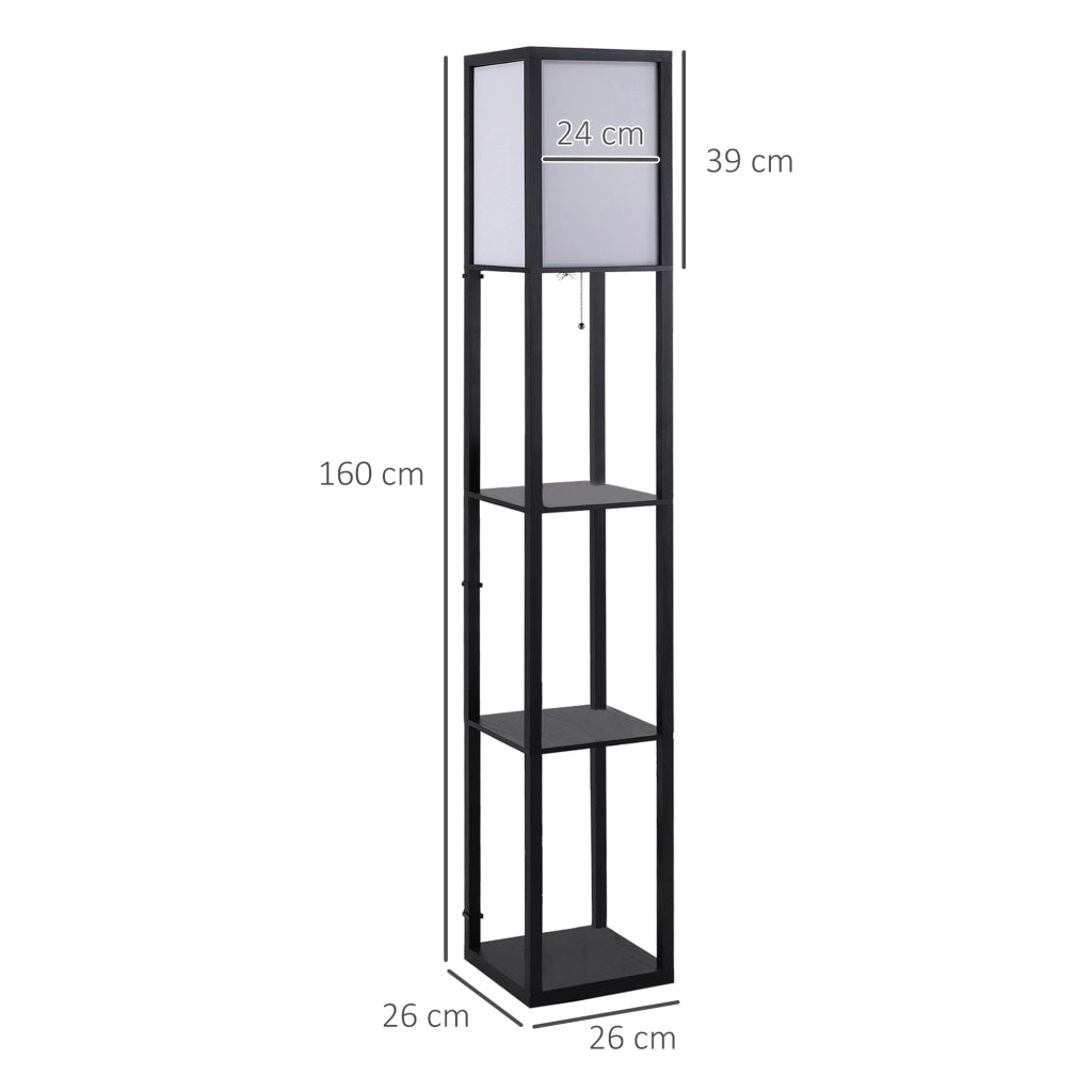 Lampada da terra con mensole E27, 40W, senza lampadina, in MDF nero, 26x26x160 cm