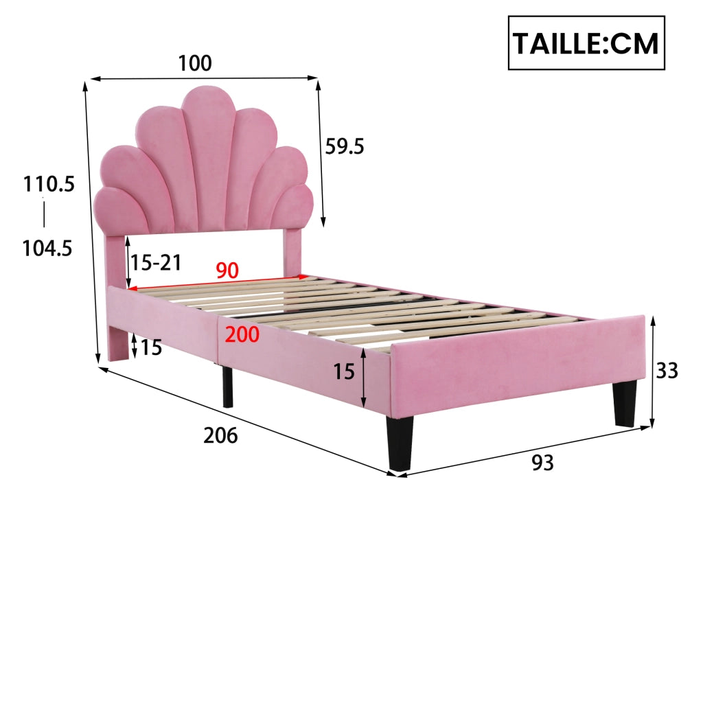 Letto Singolo 90×200 cm; 1 Posto con Testiera a Fiore; senza Materasso; Imbottito; Rosa