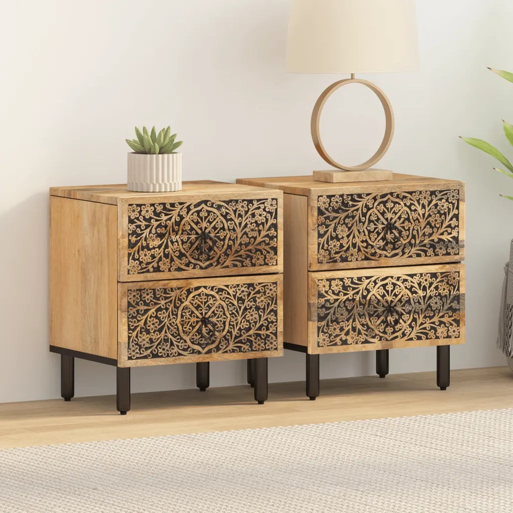 Set di 2 Comodini | Armadio da Notte | Mobiletto da notte 40x33x46 cm in Legno Massello di Mango