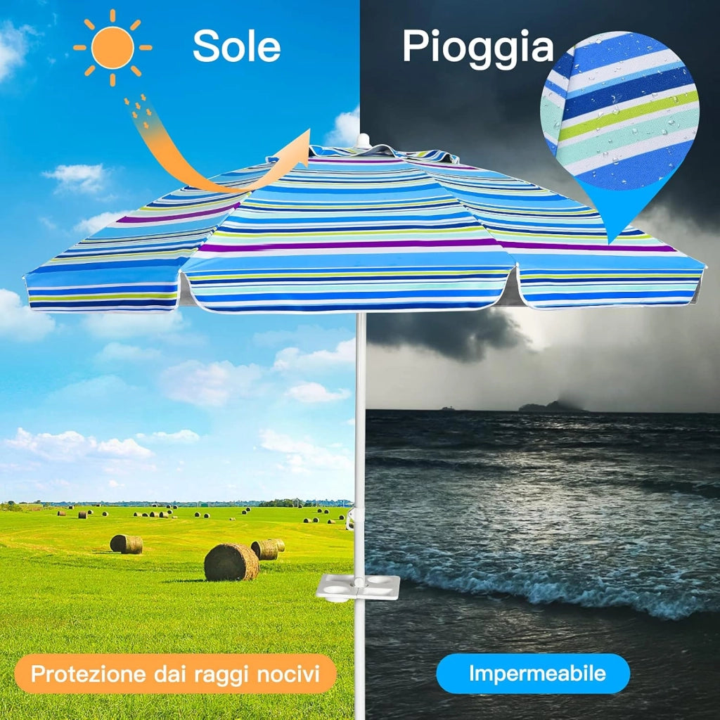 Ombrellone da Spiaggia 200 x 220 cm, Ombrellone da Mare con Inclinazione Regolabile, con Vassoio, 8 Stecche, Protezione UV, Impermeabile, Borsa di Trasporto (Blu)