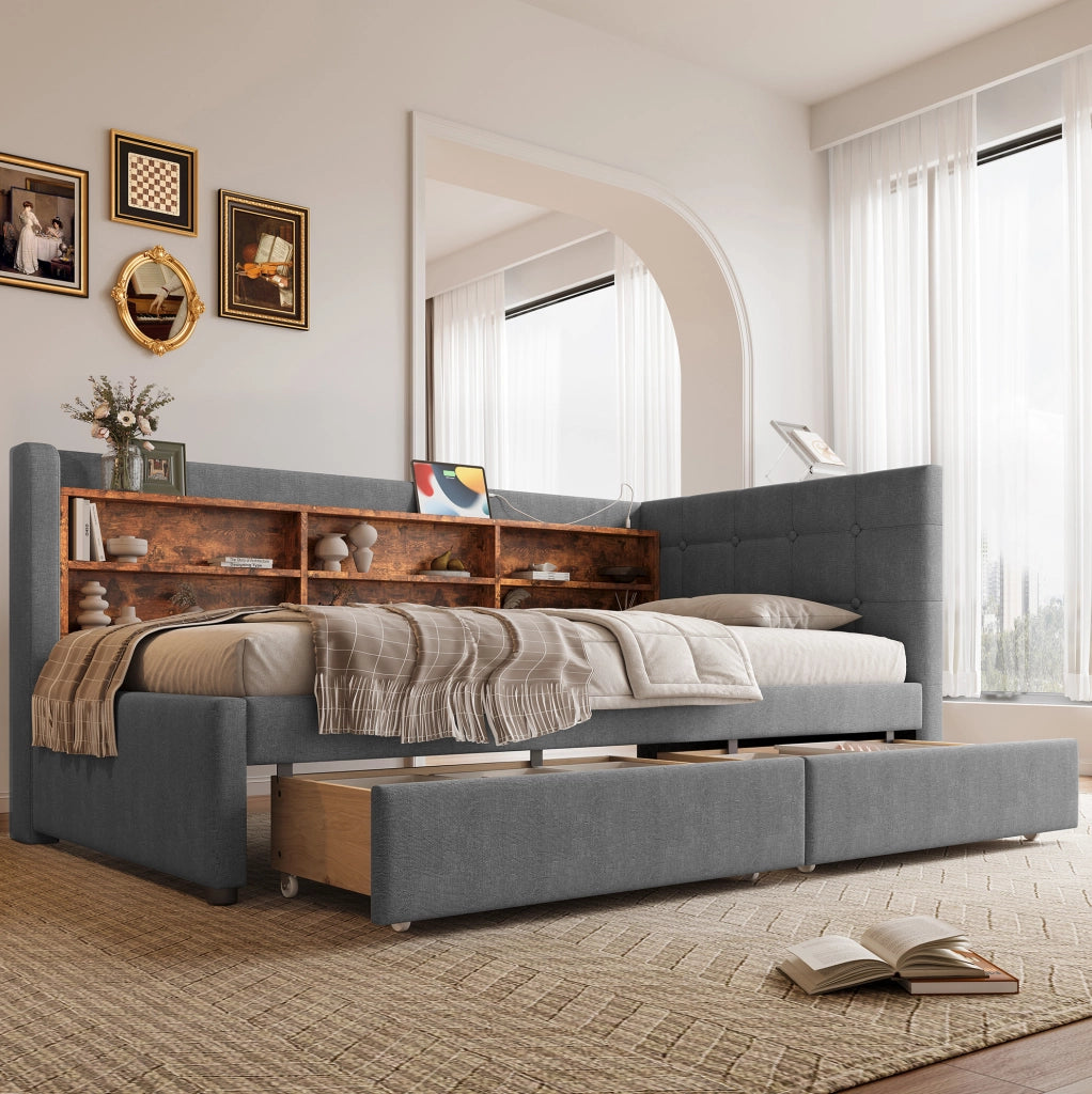 Letto singolo 90x200 cm grigio con cassetti, USB e Type-C