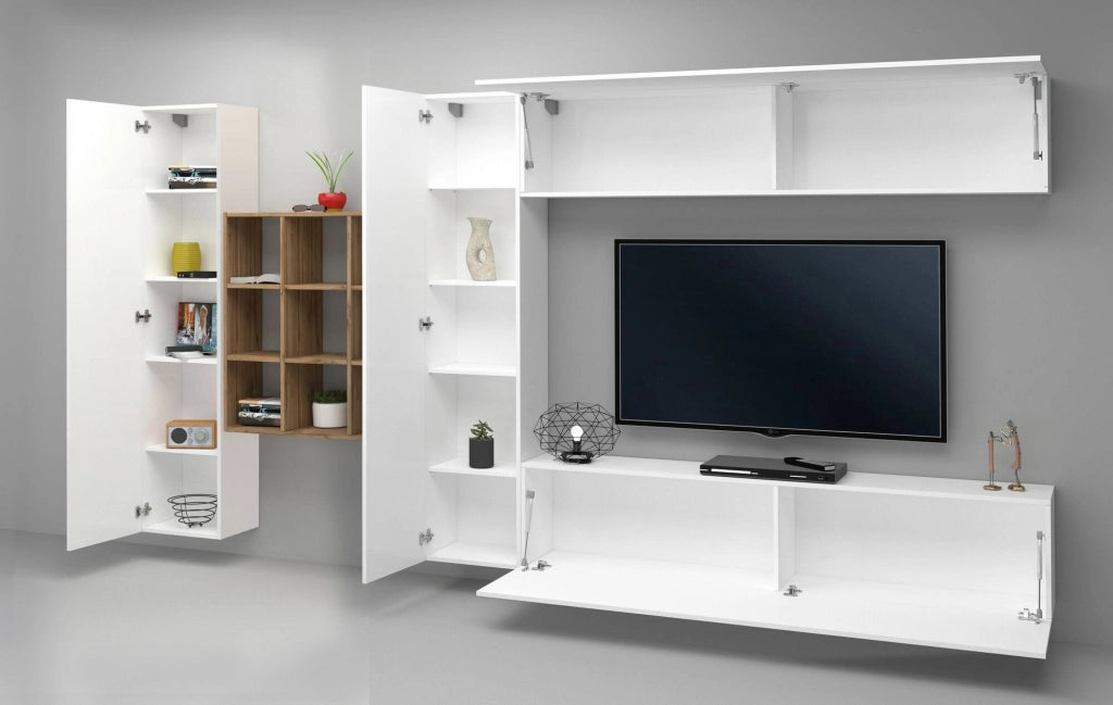 Parete attrezzata Agira, Set salotto porta TV a 4 ante, Mobile soggiorno multiuso, 100% Made in Italy, cm 350x30h180, Bianco lucido