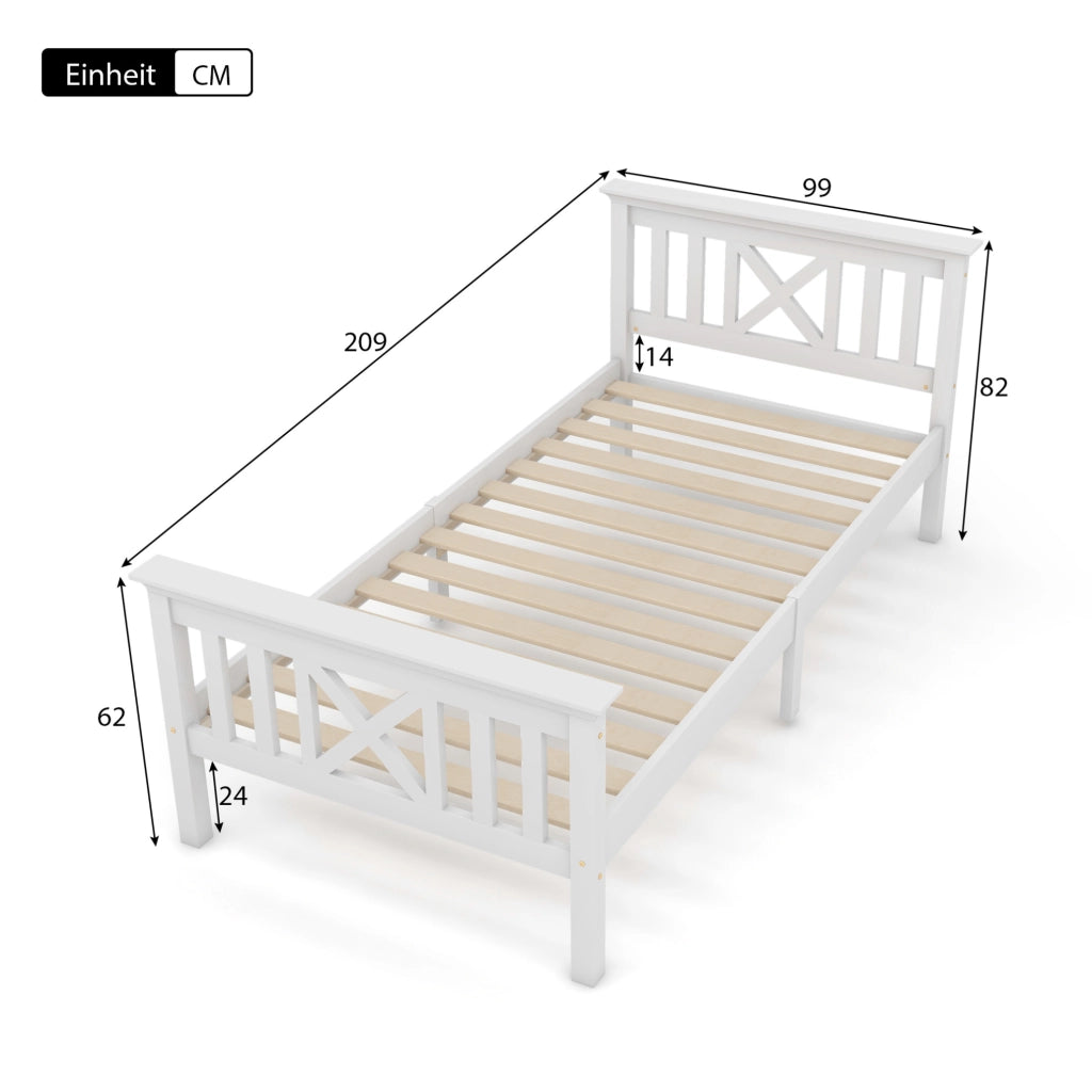 Letto singolo 90x200 cm con testiera a X e spazio contenitore; legno; bianco (Senza materasso)