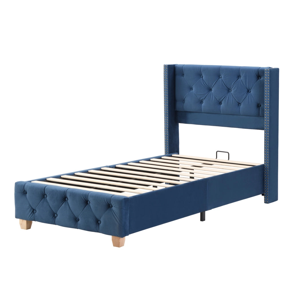 Letto imbottito 90x200 cm con testiera e rete; bottoni e borchie; velluto blu (Senza materasso)