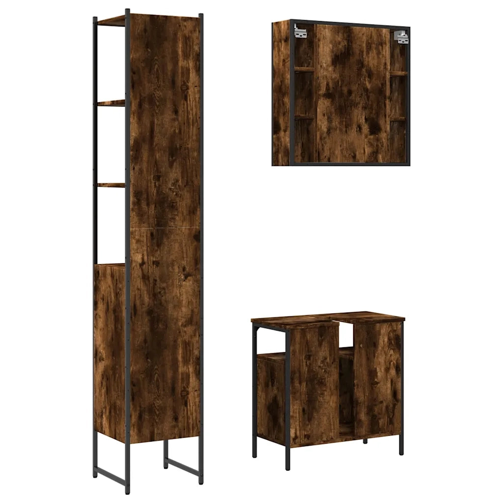 Set Mobili da Bagno | Armadio da bagno 3 pz Rovere Fumo in Legno Multistrato