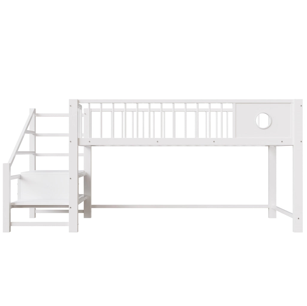 Letto a castello basso per bambini e ragazzi 90x200 cm in metallo bianco con scala contenitore