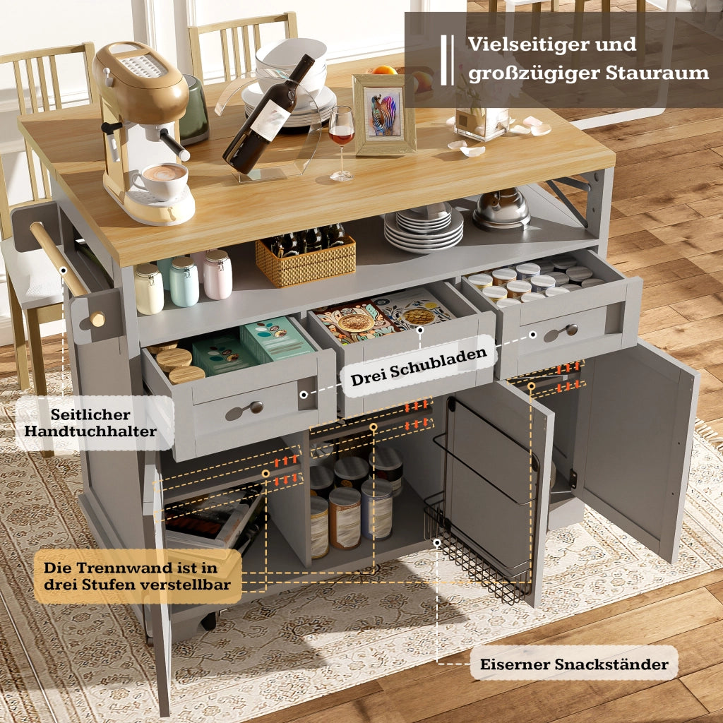 ISOLA CUCINA 118x43-80x98 cm Grigio MDF e Metallo con ruote