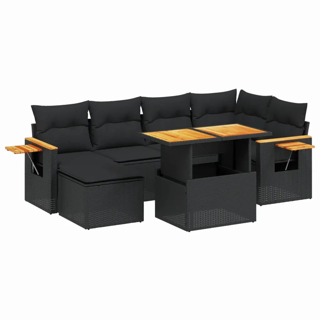 Set Divani da Giardino con Cuscini 7pz Nero Polyrattan