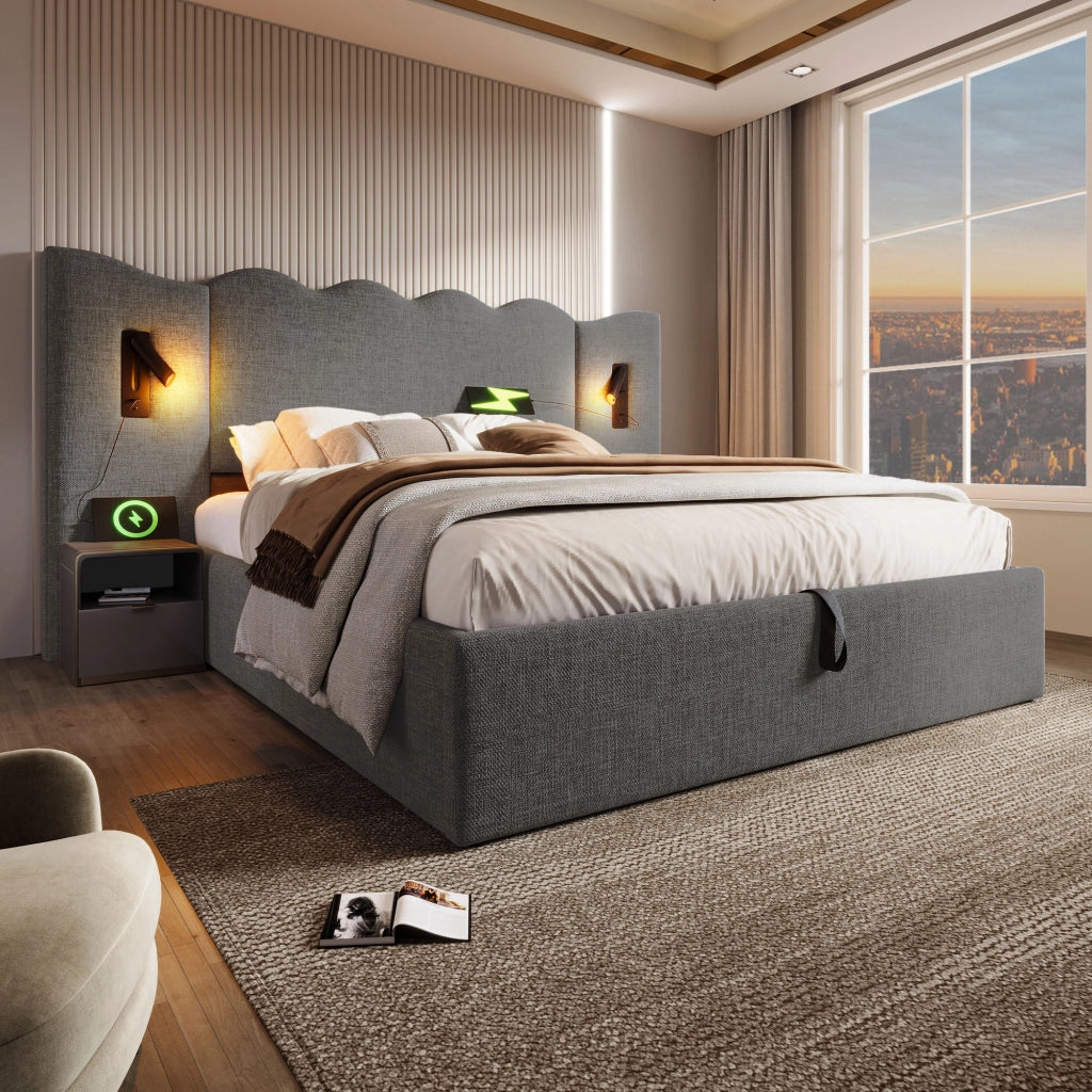 LETTO Contenitore 160x200 cm Grigio in lino con lampada da lettura e ricarica USB Type-C