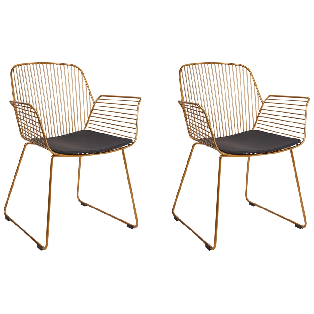 Set di 2 sedie da pranzo in metallo oro con schienale in filo di ferro e cuscini di seduta in ecopelle stile moderno industrale