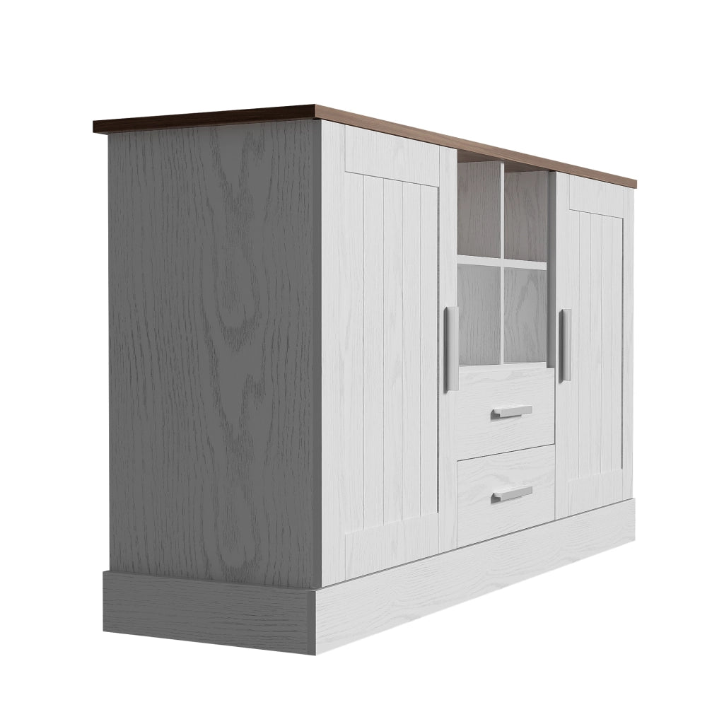 Credenza con 2 Ante; 2 Cassetti e 4 Vani Aperti; Cerniere Soft-Close; Stile Moderno; in Pannello di Particelle; Bianco e Marrone; 140??40??79;5 cm