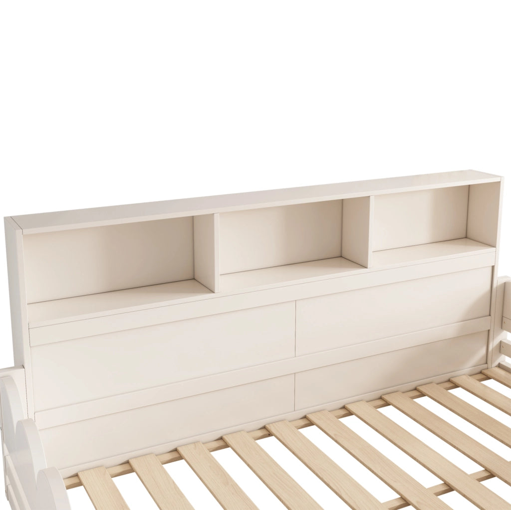 Letto a terra per bambini 140x190 cm in legno bianco con sponda; porta e ripiani