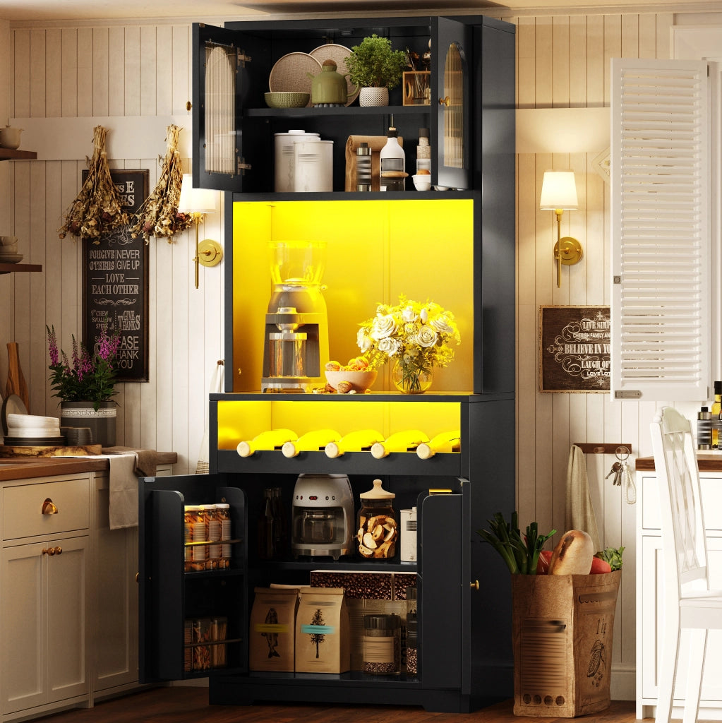 Credenza alta 70x38.3x180 cm con LED RGB; ante in vetro ondulato; ripiani regolabili; nera