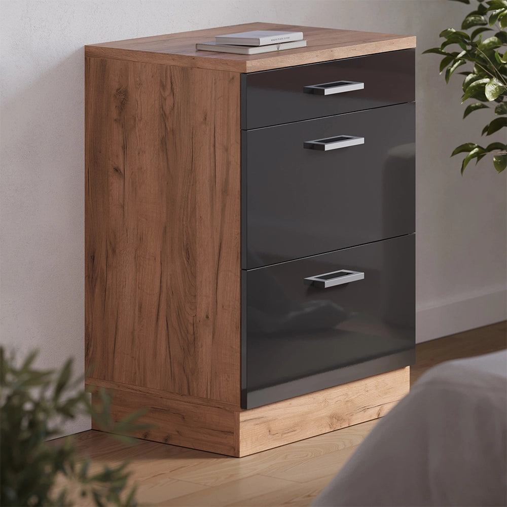 Mobile cucina sottotetto R-Line Antracite lucido/Rovere dorato 60 cm senza inclinazione con 3 cassetti Vicco