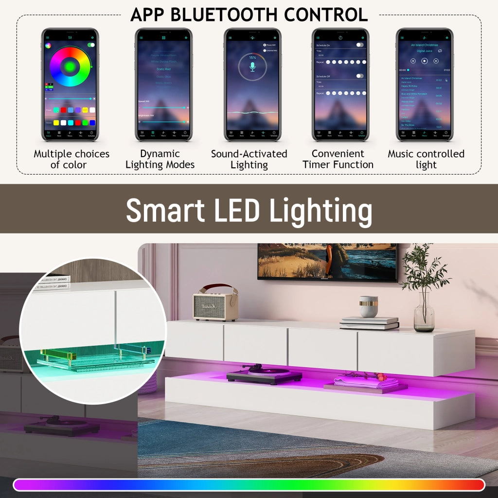 Mobile TV sospeso con 2 ante e 4 cassetti con LED; controllo da app e USB per soggiorno; in MDF; bianco