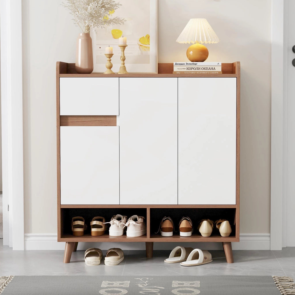 Mobile contenitore con ripiani regolabili e vani aperti, per ingresso, in truciolare, bianco naturale, 90 × 35 × 99 cm