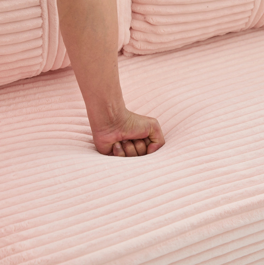 Divano pouf rosa in velluto a coste con 2 cuscini e tasche laterali 151x133x64 cm