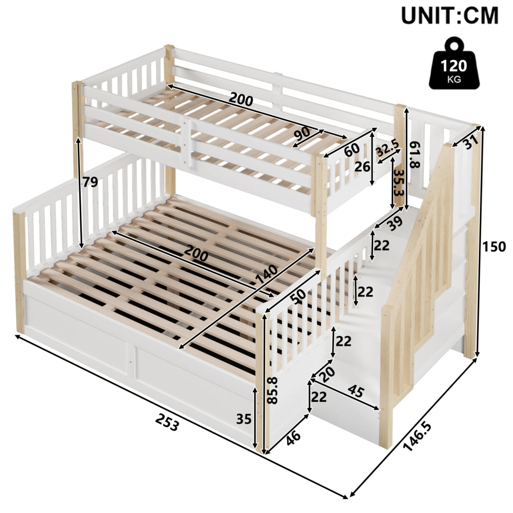 Letto a castello 90x200 e 140x200 cm con scala contenitore