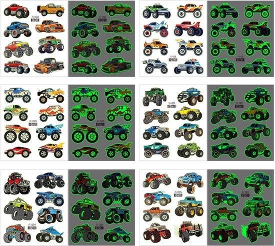 Tatuaggi Temporanei - 12 Pezzi Brillanti in Buio - Camion Giganti/Trattori - Tatuaggi per Auto - Carta di Alta Qualità - 12 × 10,5 cm - Sticker per Tatuaggi