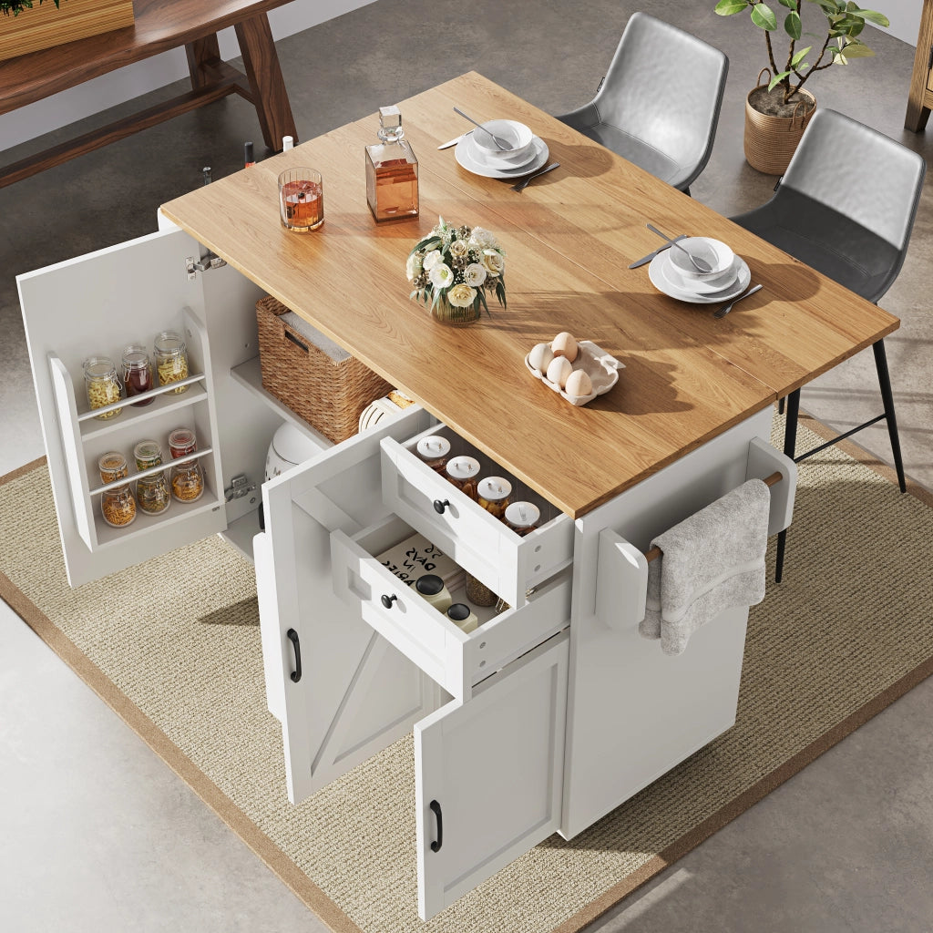 OKWISH Carrello da Cucina con 2 Cassetti, Ripiani su Entrambi i Lati, Piano Ribaltabile e 5 Ruote, per Cucina, MDF, Bianco