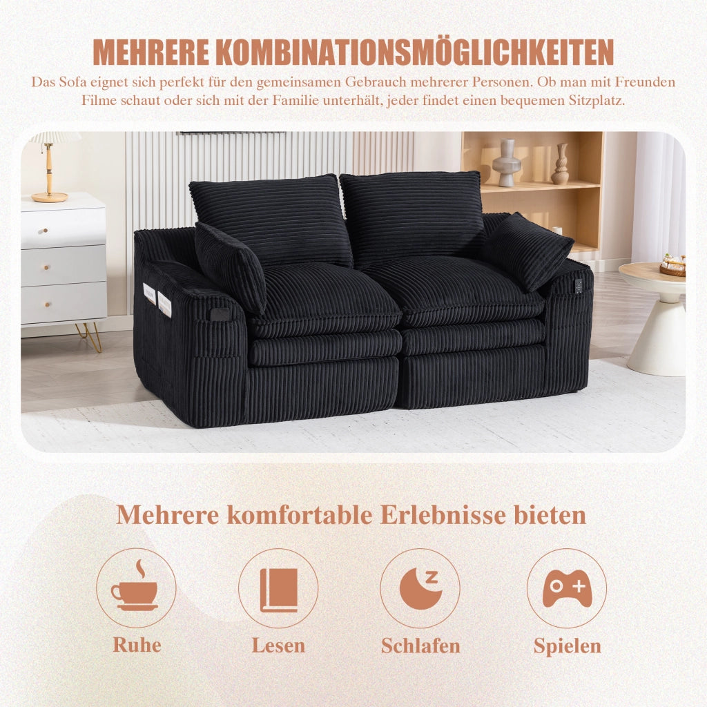 DIVANO 2 POSTI 191x94x85 cm Corda Nero con cuscini e tasche laterali
