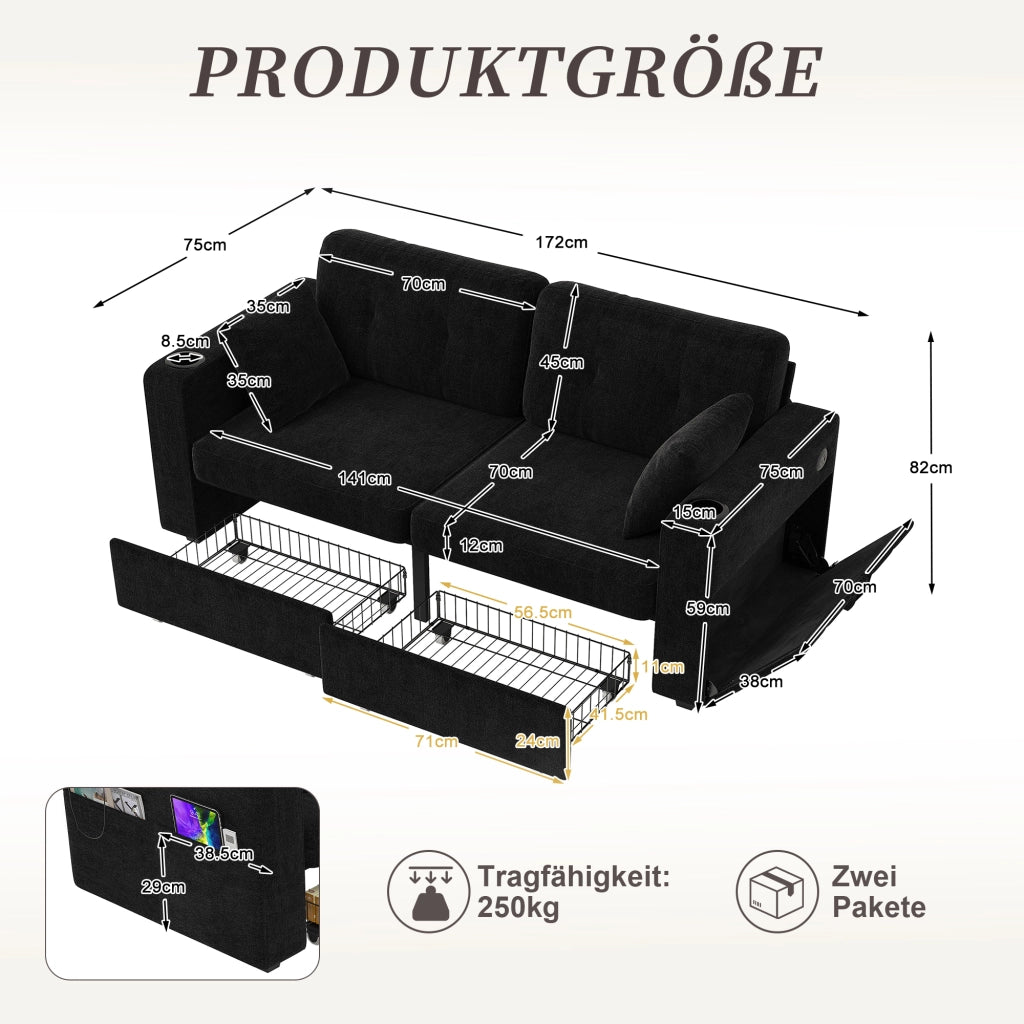 Divano a 2 posti con cassetti contenitore, portabicchieri e tasche laterali in ciniglia nera 172 × 75 × 82 cm