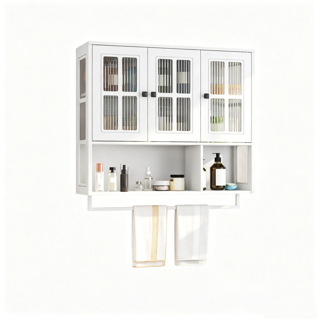 Pensile da bagno bianco a 3 ante con vetro e portasalviette