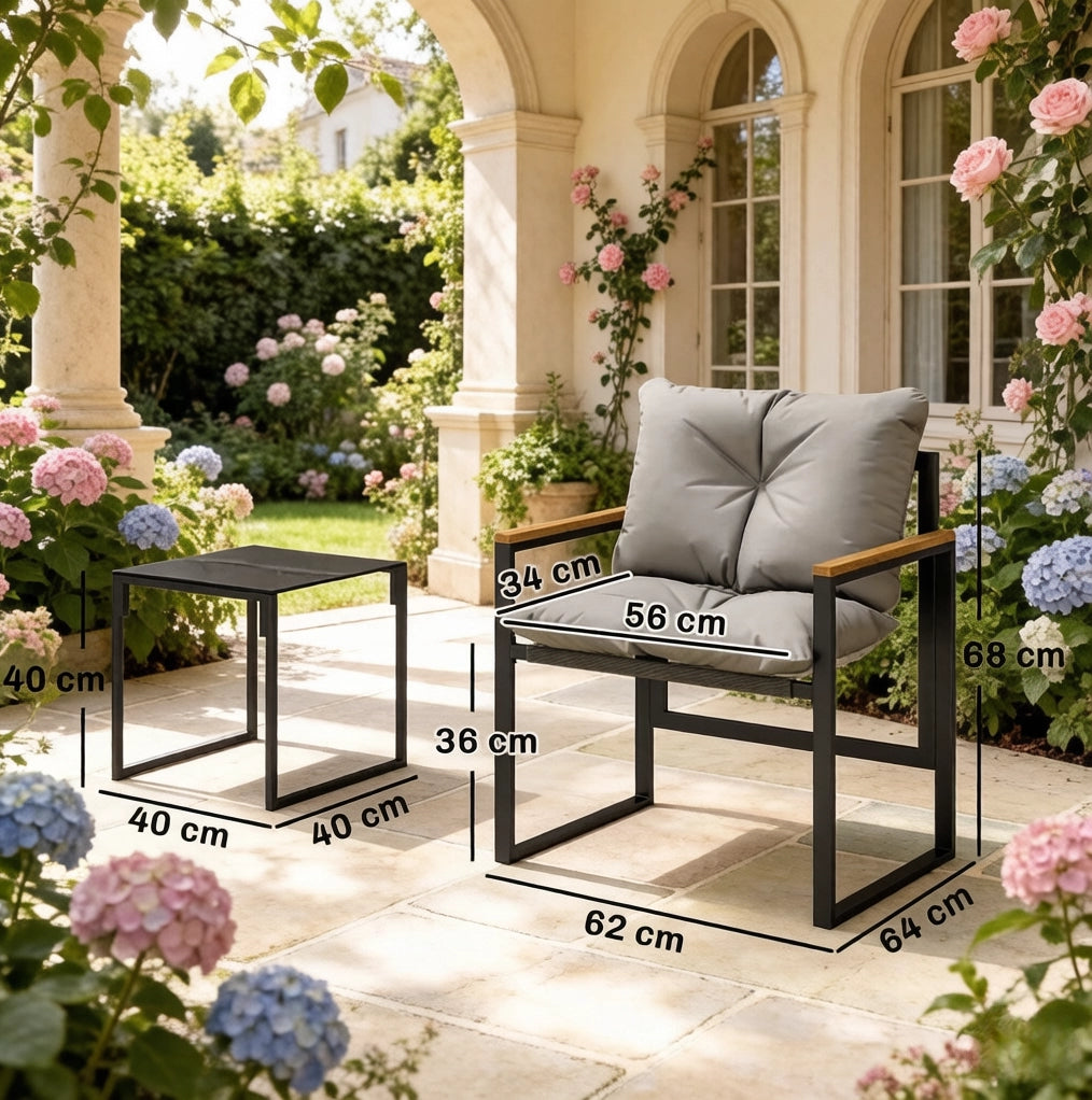 Set da balcone 3 pezzi con tavolino in vetro temperato; nero e grigio