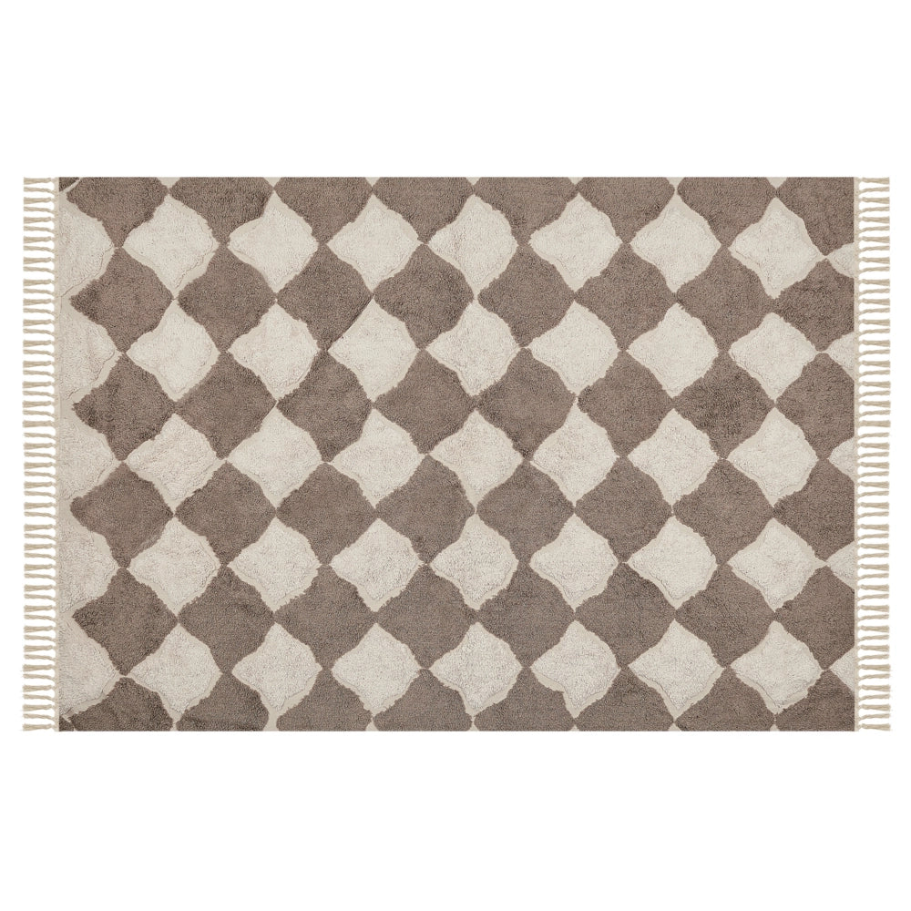 Tappeto in cotone con nappe e motivo a geometrico marrone e beige 140 x 200 cm soggiorno camera da letto