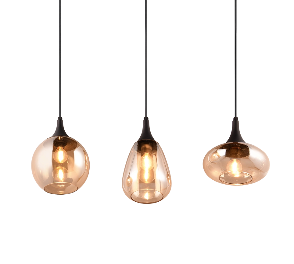 Lampada a sospensione 3 diffusori, metallo, nero e ambra, L 68 cm, Lumina