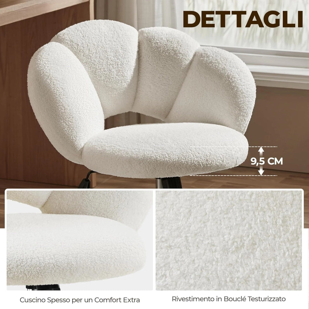Sedia da Ufficio Scrivania Bianca Cameretta Imbottita Senza Braccioli Ergonomica con Ruote Girevole, Schienale Design a Nuvola in Tessuto Bouclé, Altezza Regolabile
